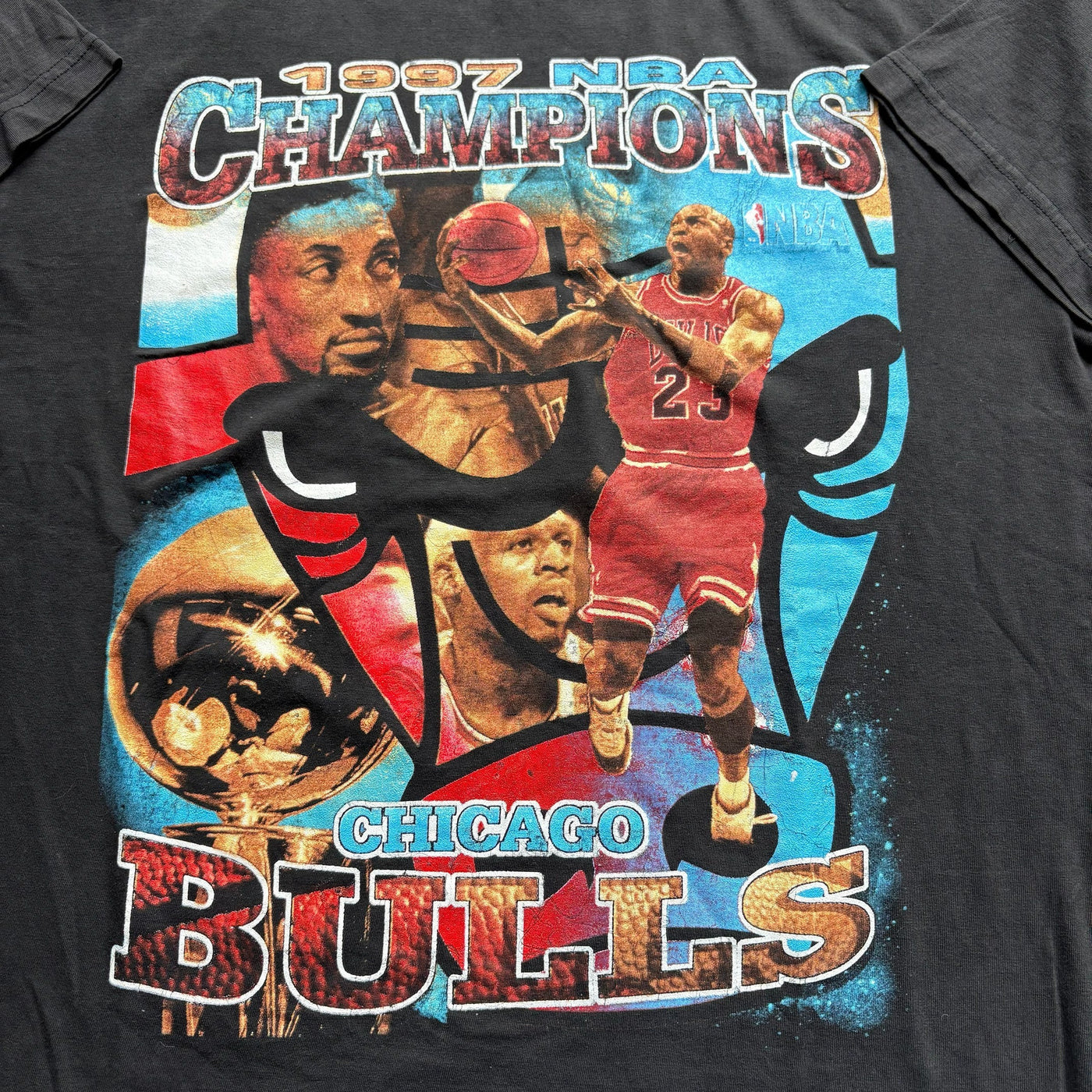 Hawk's Closet 1997 Chicago Bulls NBA Champions rap tee featuring Michael Jordan and Scottie Pippen.